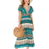 Beth Dutton Bohemian Dress Summer Spring Midi Dresses Sexy V-neck Waist Printed Beach Dress Maxi Skirt