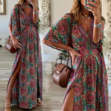 Women Bohemian Dress Women's Spring and Summer Print V-neck Split Dress