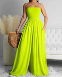 Women Plus Size Pants Wrapped Chest Solid Color Pocket Wide Leg Jumpsuit