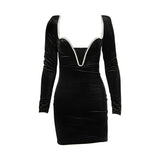 Women Exotic Dresses Autumn and Winter Long Sleeve V Hip-Hugger and Black Gold Velvet Backless Skirt