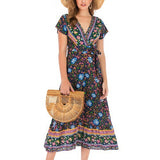 Beth Dutton Bohemian Dress Summer Spring Midi Dresses Sexy V-neck Waist Printed Beach Dress Maxi Skirt