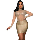 Kesha Black Dress Women's Fashion Sexy Mesh Long Sleeve Rhinestone Dress