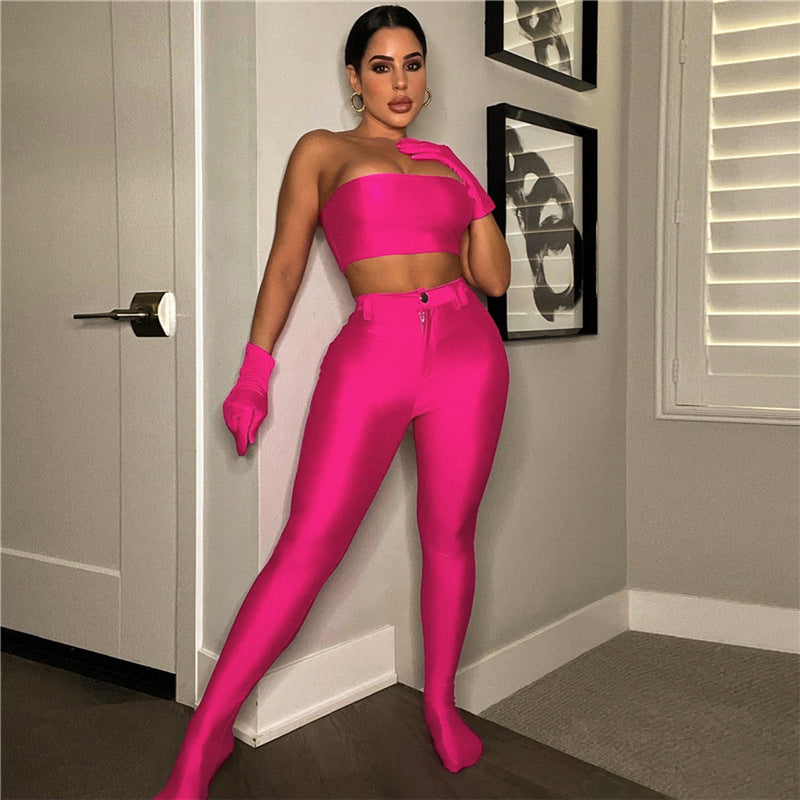 Women Top & Pant 2 Piece Set Summer Slim Straight Body Stocking Casual Trousers