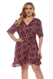 Women Plus Size Mini Dresses v Collar Printed Lace Up Dress