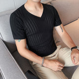 Men Short Sleeve T-Shirt V-neck Men's Knitted T-shirt