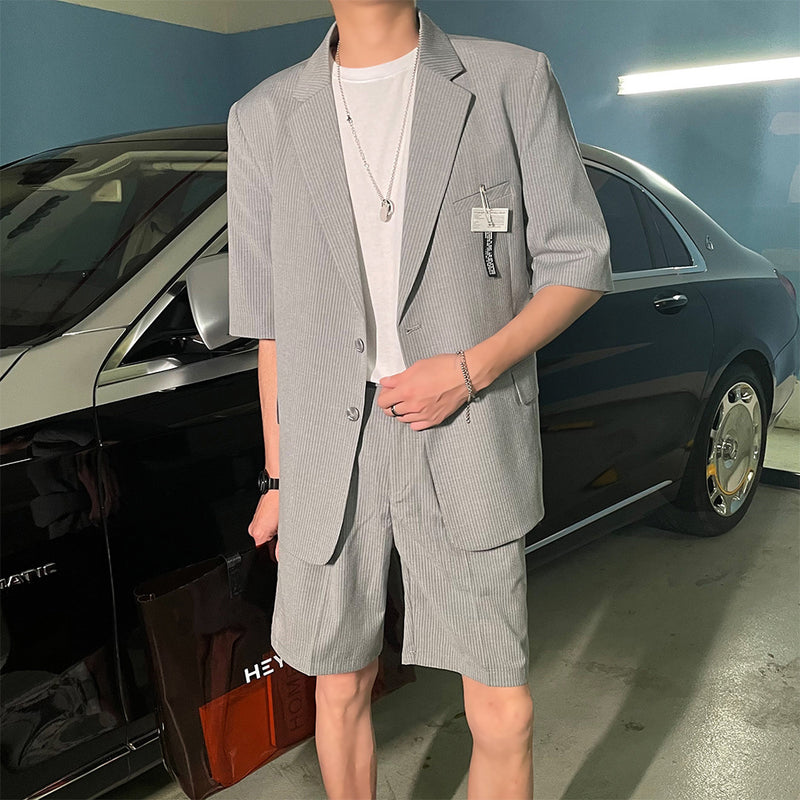 Seersucker Suit Men's Cropped Trousers with Stripes Two-Piece Suit