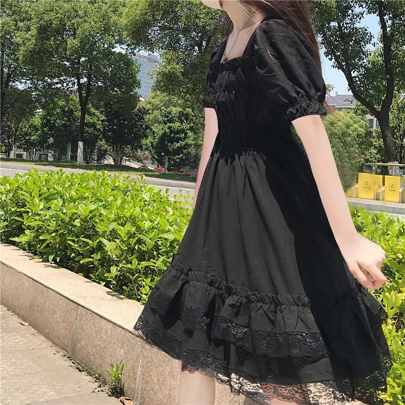 Gothic Lolita Harajuku Style Clothing Lace Black Puff Sleeve Hepburn Black Dress Dress