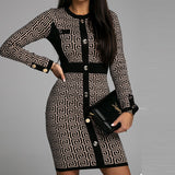 Women Dress Winter Vintage Slim-Fit Contrast Colors Cardigan Printed Dress