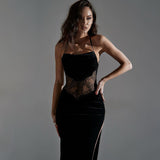 Kesha Black Dress Women's Autumn and Summer Lace Sexy Backless Stitching Dress