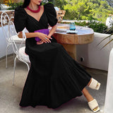 Women Bohemian Dress Women's Summer Fashion Short Sleeve V-neck Solid Color