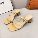 Nude Block Heel Sandals Summer Pearl Sandals