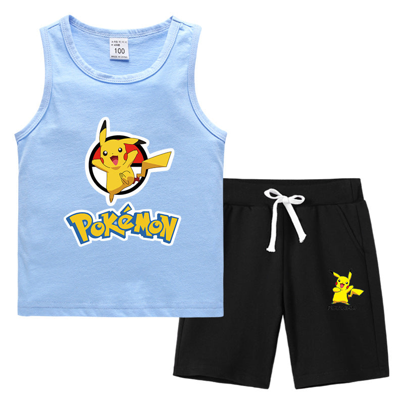 Children Pokemon Pikachu Tshirts & Shorts Summer Vest Middle Pants Sports Casual Bottoming Shirt Sleeveless Two Pieces