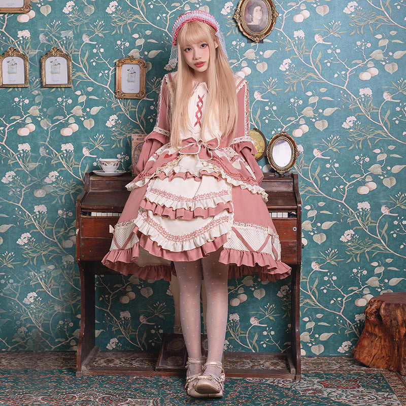 Gothic Lolita Harajuku Style Clothing Lolita Dress Strawberry Milk Cover Op Front Open Pastoral Style Long Sleeve Princess Dress