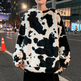 Men Dalmatian Coat Cows Pattern Sweatshirt Winter Loose Hip Hop Polar Fleece