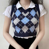 Preppy Aesthetic Outfits Retro Pullover V-neck Rhombus Knitted Vest Women