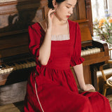 Women cottagecore Dress Summer Retro Red Square Collar Puff Sleeve Dress Long Dress