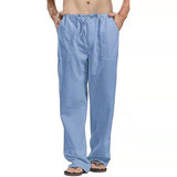 Linen Pants Straight Leg Pants Drawstring Lightweight Elastic Beach Pants Men's Casual Trousers with Pockets Men's Linen Large Size Pocket Trousers