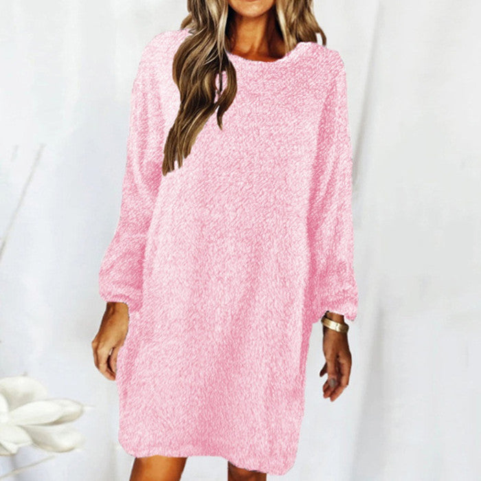 Work Dresses for Girls Autumn and Winter Solid Color Comfortable Plush Long Sleeve round Neck Loose Dress