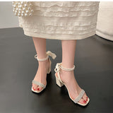 Nude Pumps Block Heel Retro Chunky Heel Gentle Bow Sandals