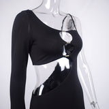 Bella Hadid Dress Sexy Long Sleeve Hollow Cross-Shoulder Bag Hip Dress