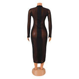 Kesha Black Dress Women's Sexy Mesh Stitching Long Sleeve Solid Color Dress