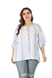 Women Plus Size Tops Summer Loose-Fitting Tassel Drawstring Stripes Half Sleeve Shirt