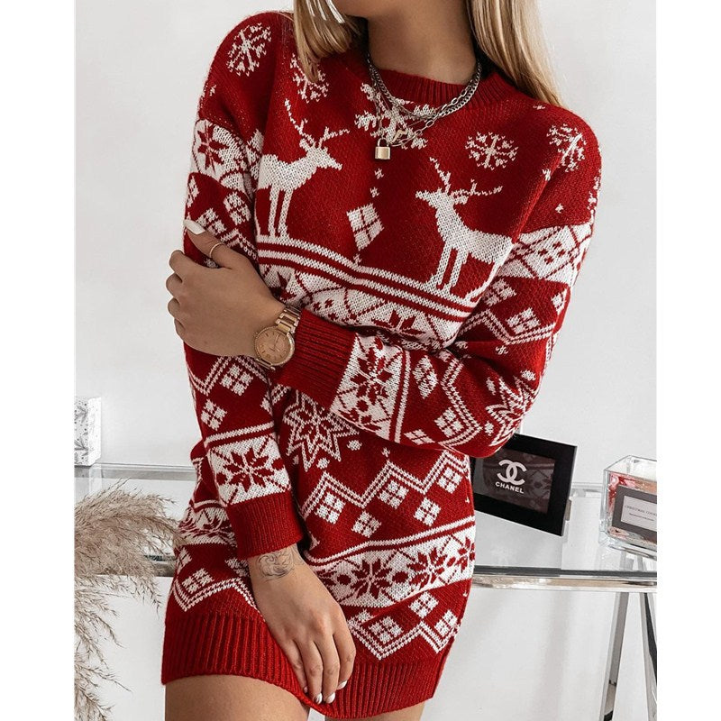 Sweater Dress Outfit With Tights 2 Pieces Set Women Sweater Snowflake Christmas Jacquard Knitted Dress