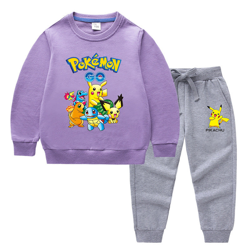 Children Pokemon Pikachu Hoodie & Pant Set Two-Piece Solid Color Cotton Sweater Set