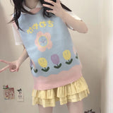 Gothic Lolita Harajuku Style Clothing College Style Blue Pink Little Flowers Sweater Vest