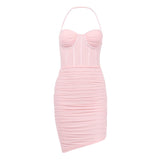 Bella Hadid Dress Mesh Pleats Backless Skinny Sheath Suspender Dress