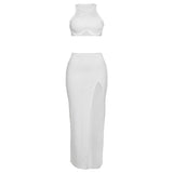 Women Top & Skirt 2 Piece Set Summer Cropped Tank Top Slim Fit Slit Skirt Suit