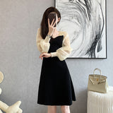 Fairy Dress Knitted Dress for Women Autumn Mesh Sleeves Mid-Length Sweater Bottoming A- line Dress