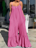 Women Plus Size Pants Suspenders Loose Flared Solid Color Jumpsuit