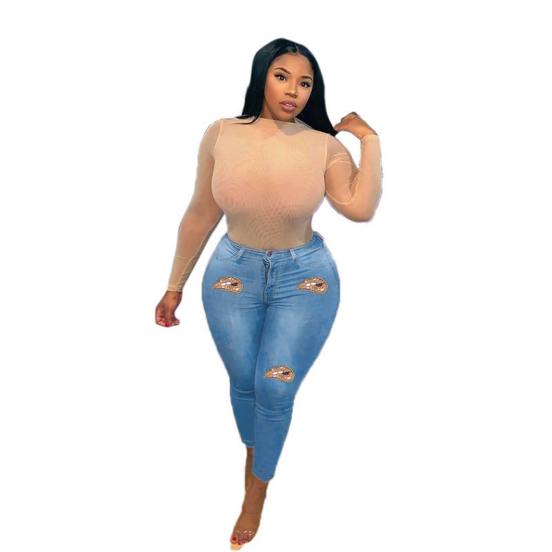 Women Plus Size Jeans High Waist Slim Denim Skinny Pants