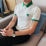 Men Short Sleeve T-Shirt Contrast Color Embroidered Leather Short Sleeve Top
