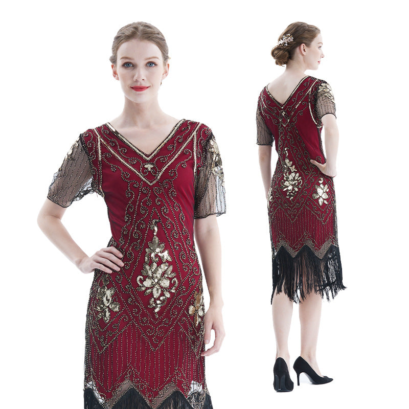 The Great Gatsby Dresses Embroidered Beaded Sequin Dress Dress V-neck Short Sleeve Dress