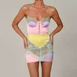 Women Exotic Dresses Summer Color Matching Hollow out Strap Breasted Sexy Lace Dress