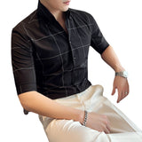 Men Shirts Casual Plaid Shirt Slim Fit V-neck Shirt