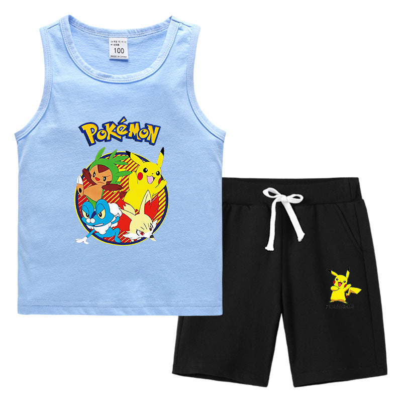 Children Pokemon Pikachu Tshirts & Shorts Summer Vest Middle Pants Sports Casual Thin Sleeveless Two Pieces