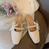 Nude Block Heel Sandals Vintage Bow Leather Shoes
