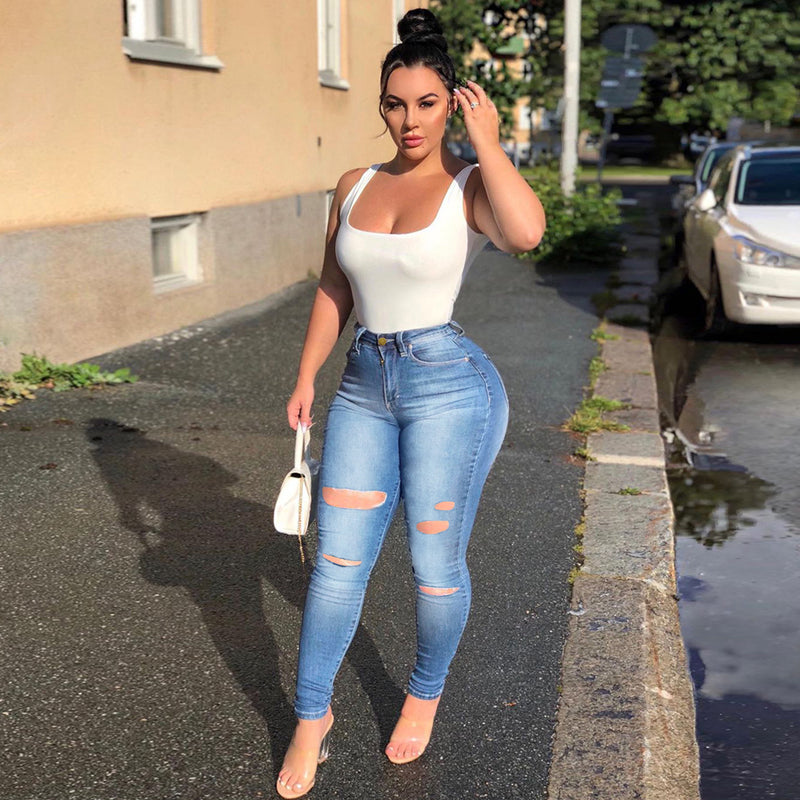 Women Plus Size Jeans Slim Fit Ripped Ankle-Tied Trousers