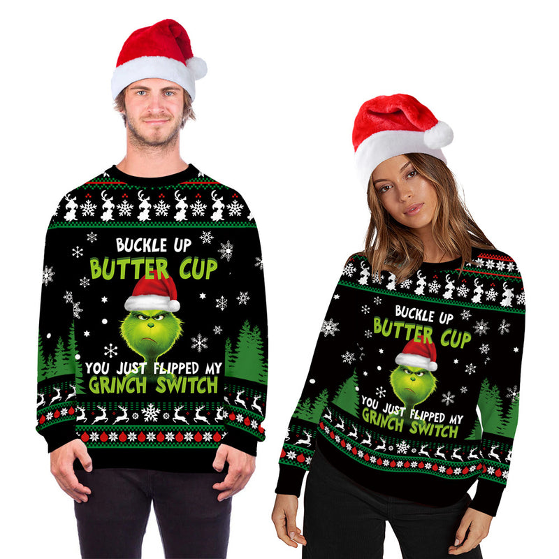 Black Christmas Sweater Christmas Print Couple Outfit Casual Pullover