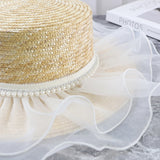 Straw Hat Pearl Mesh Straw Hat Flat Top Hat