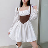 Vintage Empire Waist Dress Vintage Contrast Color Waist Square Collar Puff Sleeve Dress