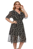 Women Plus Size MIDI Dresses V Collar Waist-Tight Chiffon Printed Dress