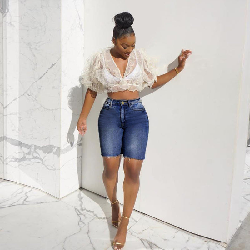 Women Plus Size Denim Shorts High Elastic Denim Pants