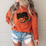 Halloween Costumes Fall Cat Pumpkin Printed Crew Neck Sweatshirt Female