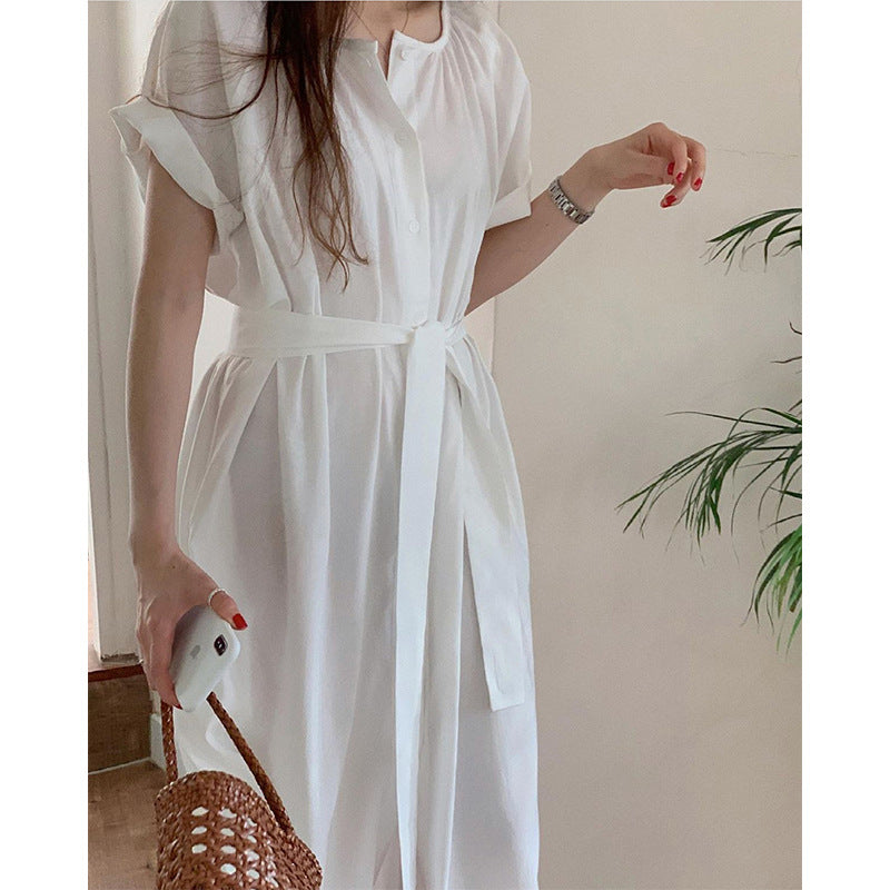 Fairy Dress Summer T Solid Color High Waist Slimming round Neck Midi Dress