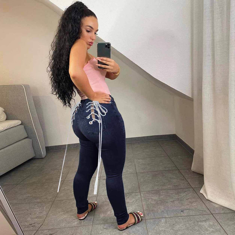 Women Plus Size Jeans Tied Slim Fit Denim Skinny Pants