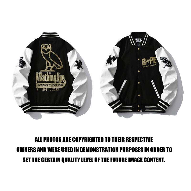 BAPE Varsity Jacket Bronzing Owl Jacket Jacket Men's Casual Baseball Uniform